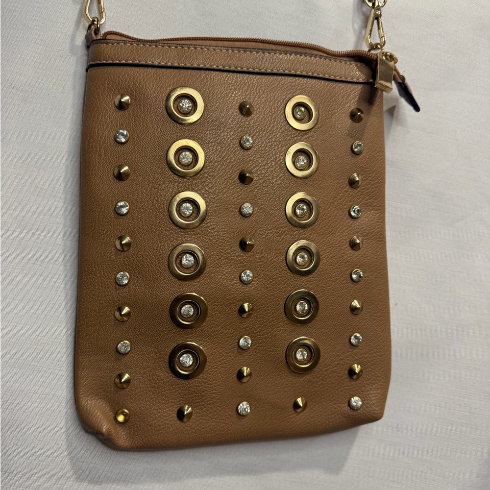 Elegant Tan Crossbody Bag with Gold Accents 8 X 10